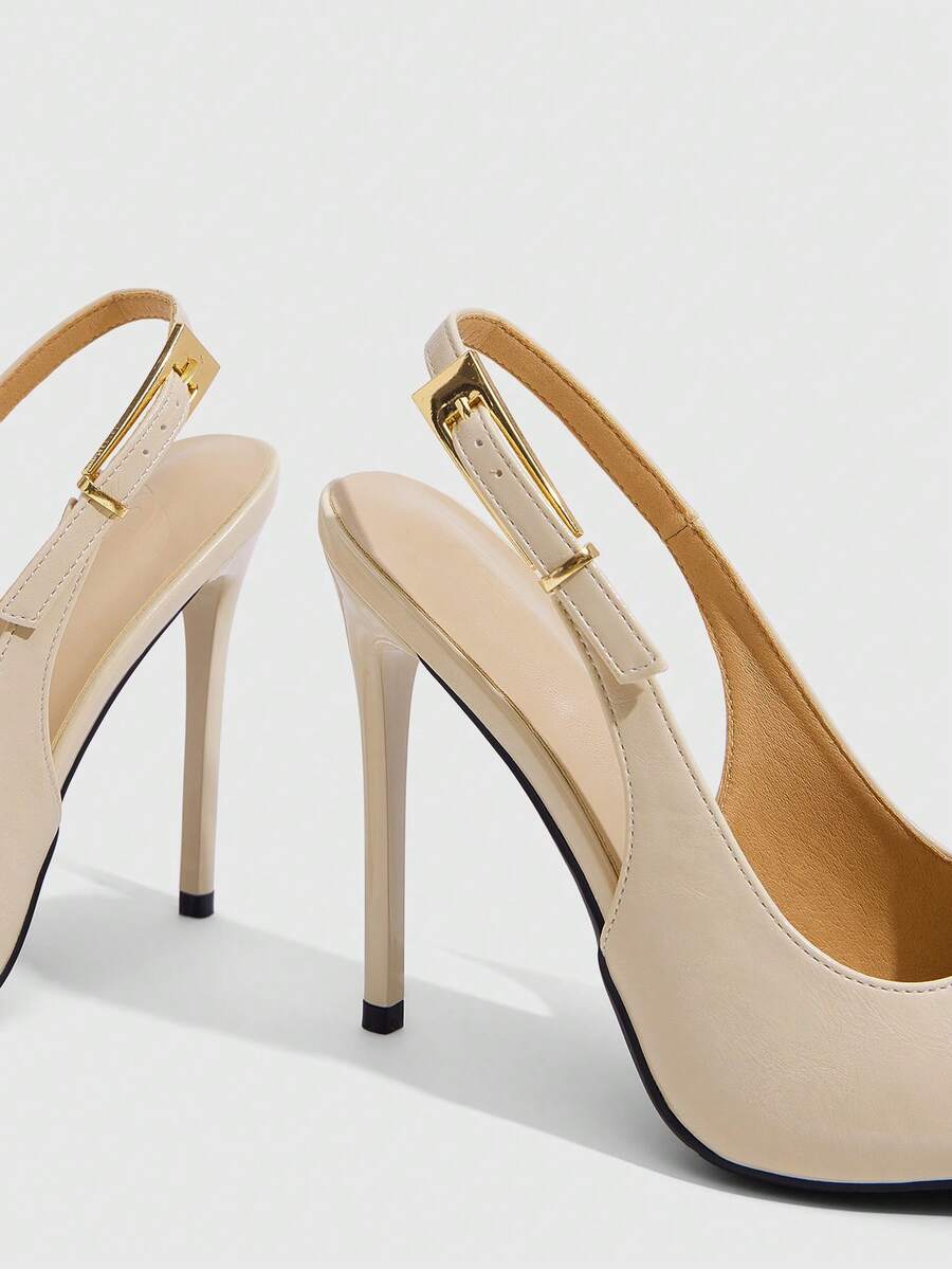 Pointed toe stiletto high heel evening party pumps featuring an ankle strap with buckle closure.