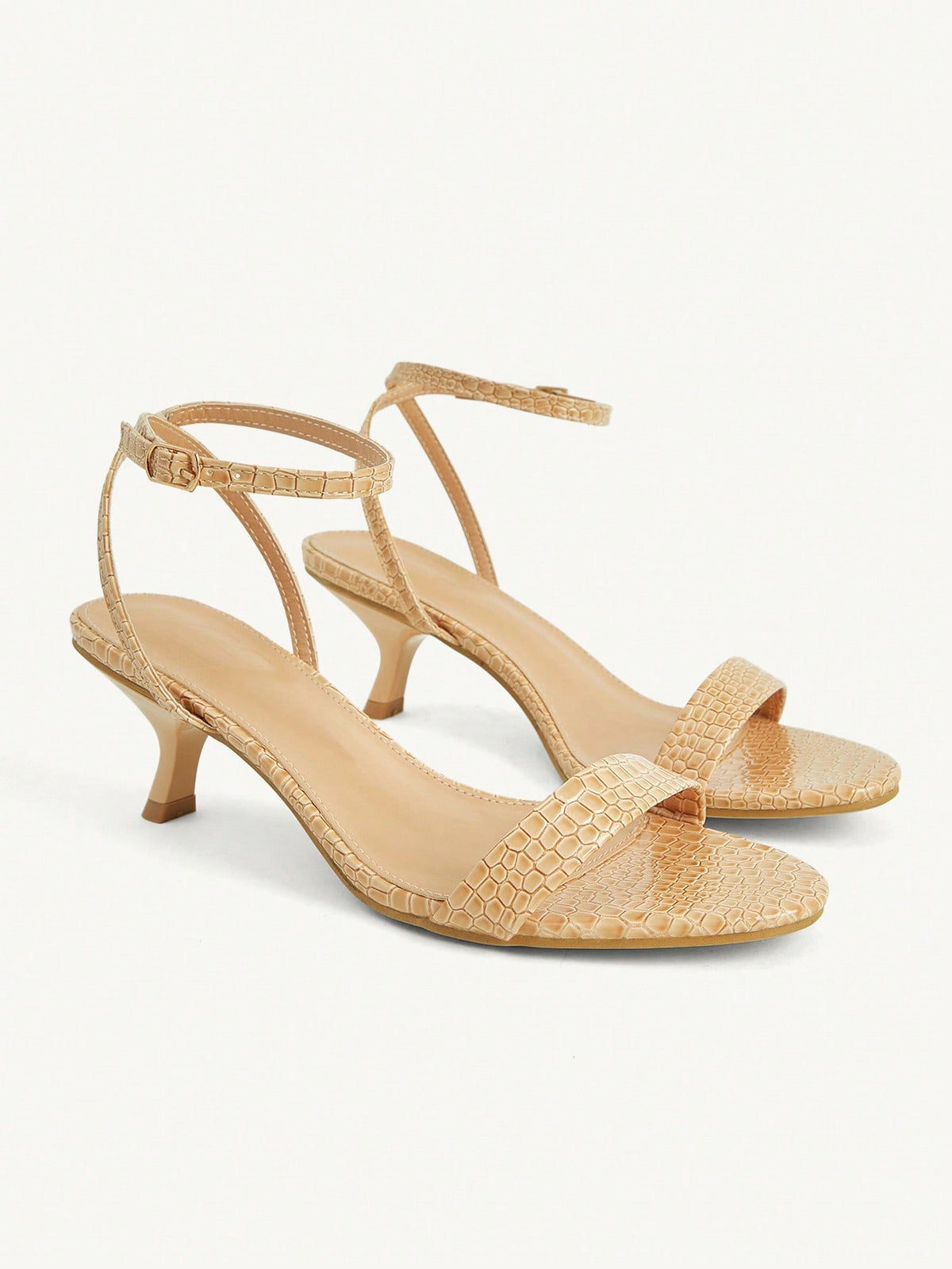 Women's open-toed high-heeled sandals featuring a 5.5cm kitten heel stiletto, sleek ankle strap with buckle closure, and smooth PU leather finish.