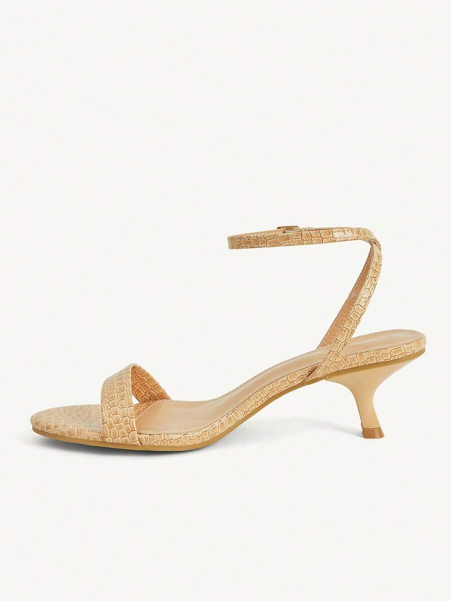 Women's open-toed high-heeled sandals featuring a 5.5cm kitten heel stiletto, sleek ankle strap with buckle closure, and smooth PU leather finish.
