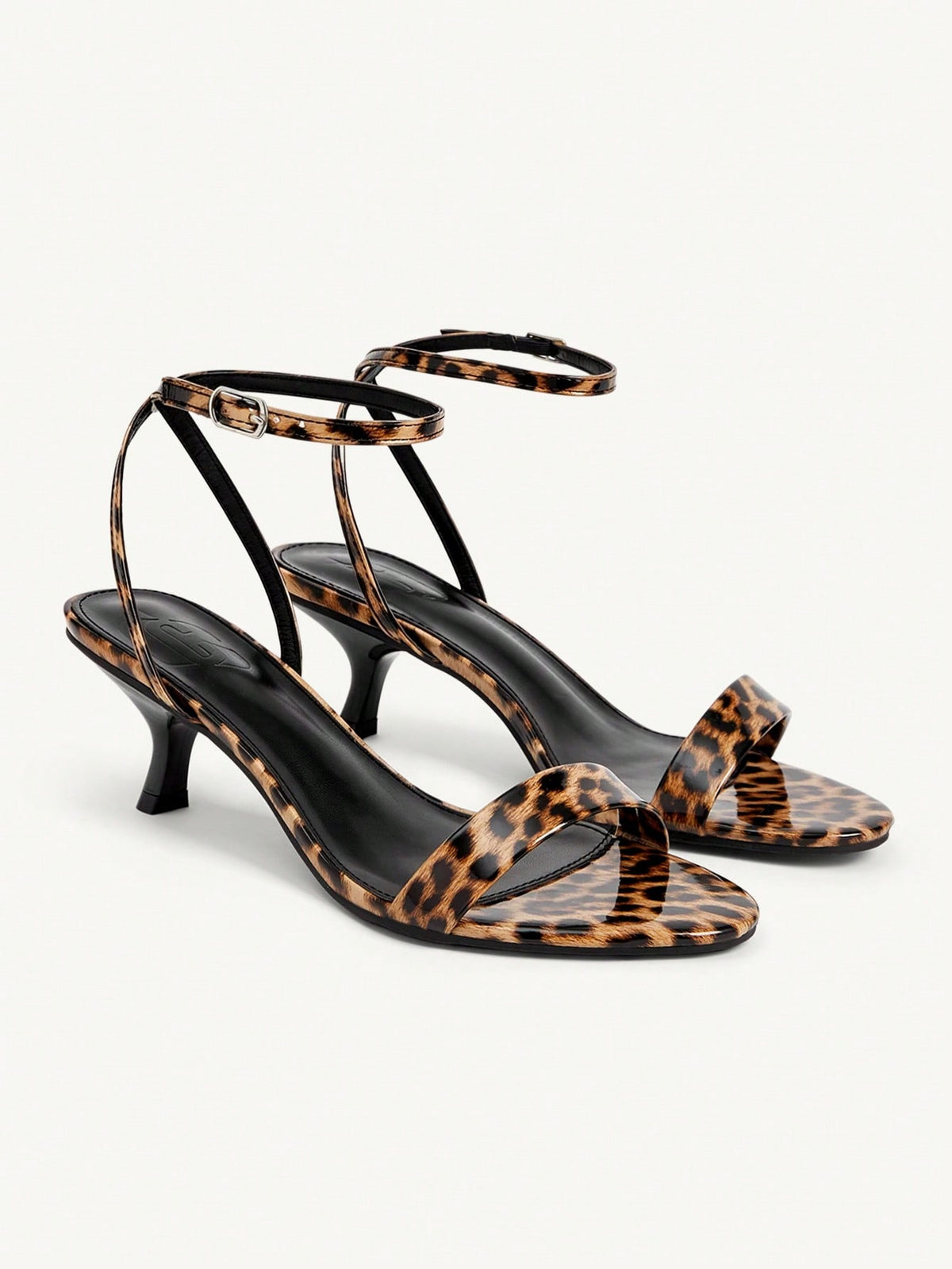 Women's open-toed high-heeled sandals featuring a 5.5cm kitten heel stiletto, sleek ankle strap with buckle closure, and smooth PU leather finish.