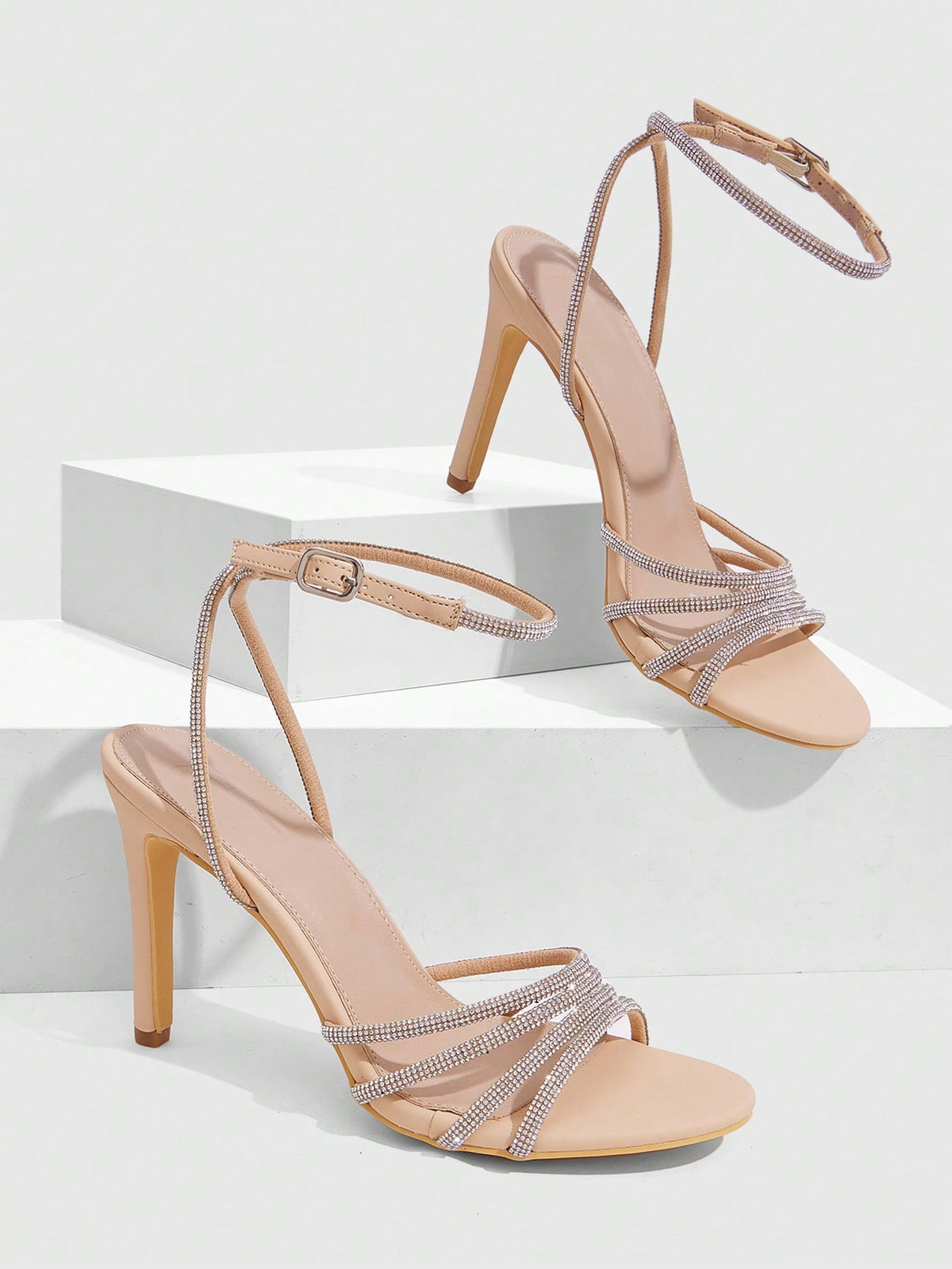 Silver rhinestone stiletto high heel sandals with open toe and adjustable ankle strap buckle