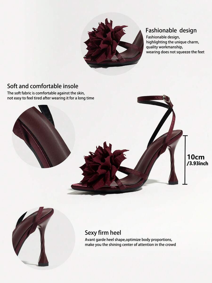 Women's black open toe stiletto heel sandals featuring lace mesh detailing, wide strap styling, and high stiletto heels.