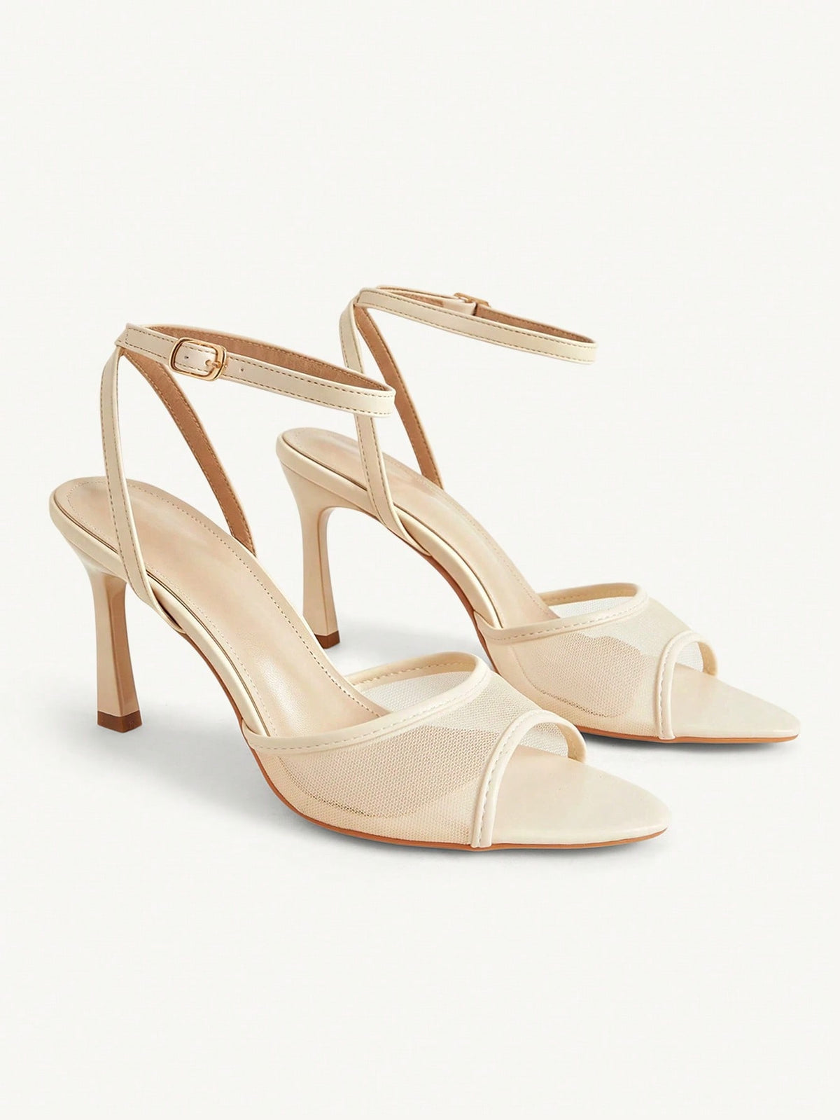 Women's open toe high heel sandals with lace mesh upper, stiletto heel, and ankle strap closure.