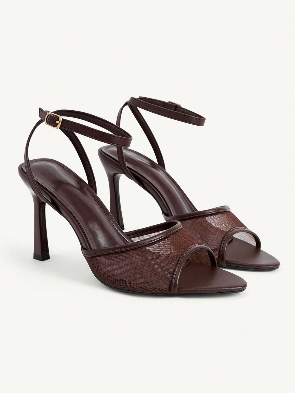 Women's open toe high heel sandals with lace mesh upper, stiletto heel, and ankle strap closure.