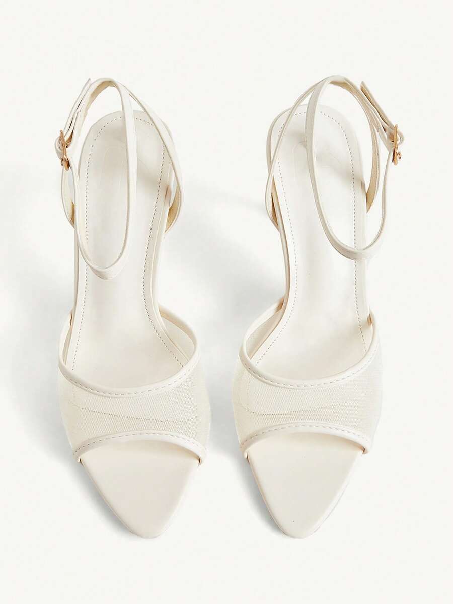 Women's open toe high heel sandals with lace mesh upper, stiletto heel, and ankle strap closure.