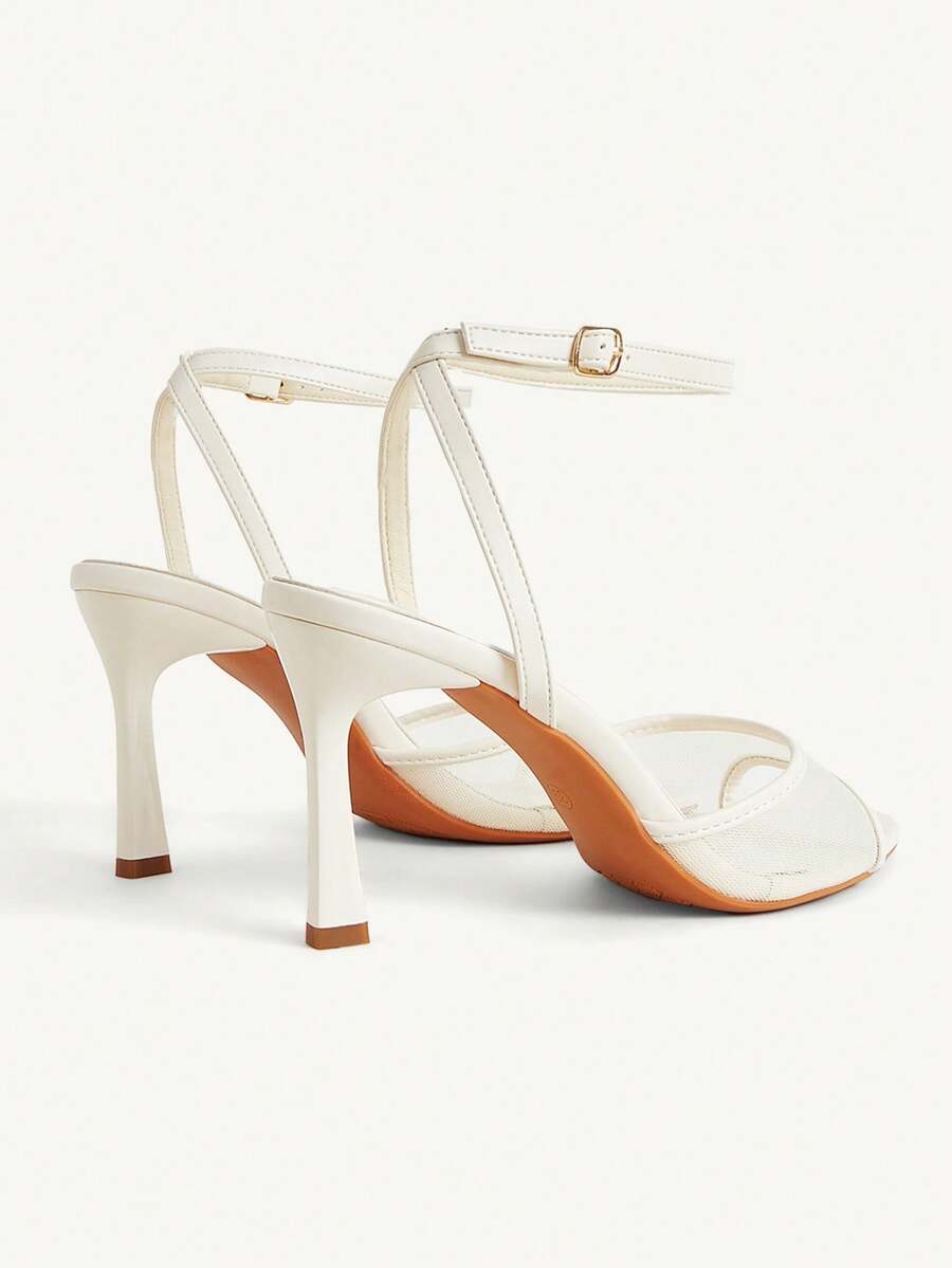 Women's open toe high heel sandals with lace mesh upper, stiletto heel, and ankle strap closure.
