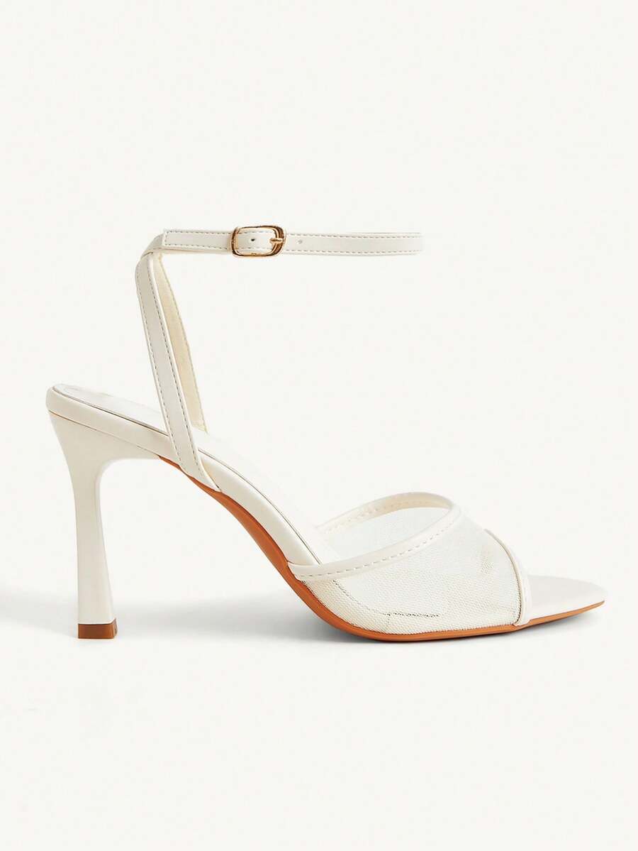Women's open toe high heel sandals with lace mesh upper, stiletto heel, and ankle strap closure.