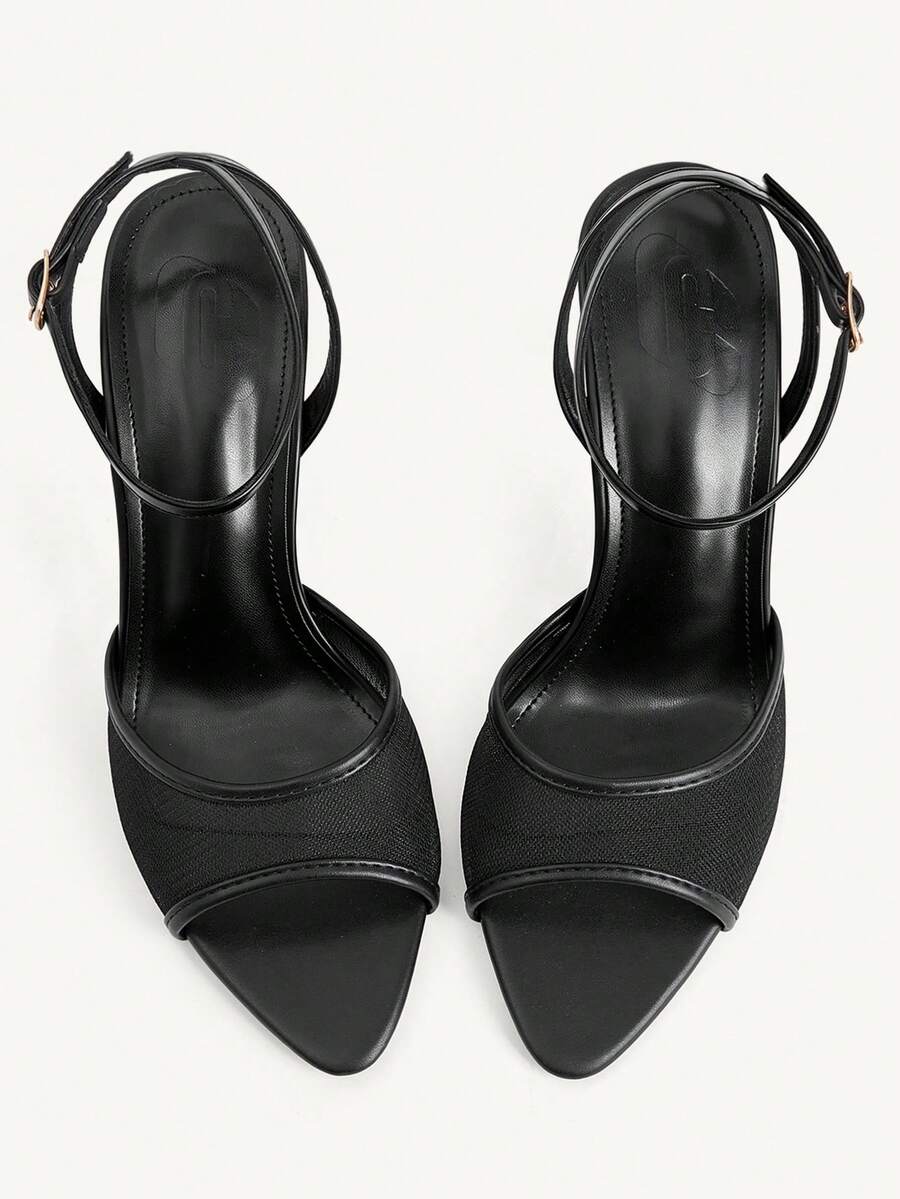 Women's open toe high heel sandals with lace mesh upper, stiletto heel, and ankle strap closure.