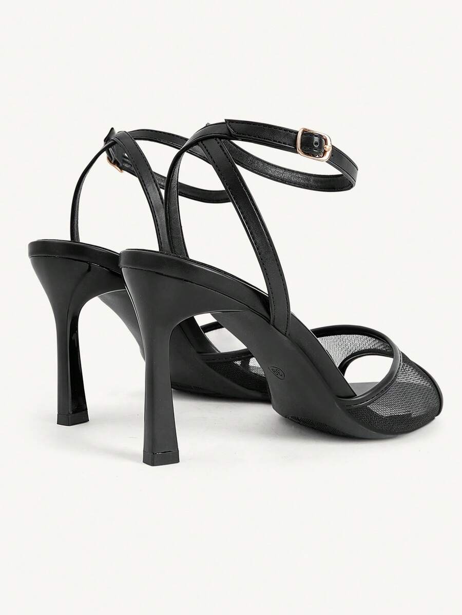 Women's open toe high heel sandals with lace mesh upper, stiletto heel, and ankle strap closure.