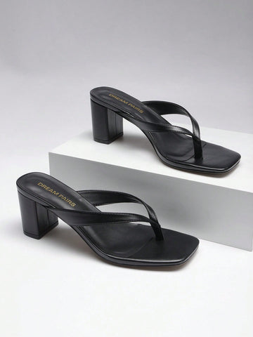 Women's chunky low heel thong sandals featuring a square open toe and slip-on flip-flop strap design