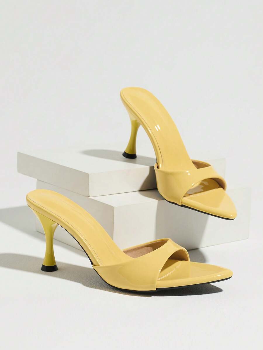 Women's open pointed toe stiletto mule high heel sandals featuring a glossy slip-on design.