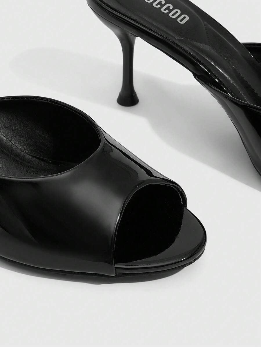 Pair of women's open toe high heel slingback sandals made with smooth PU leather