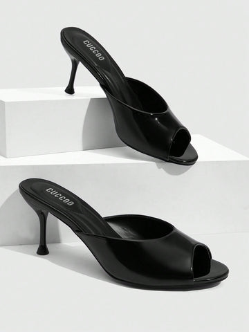 Pair of women's open toe high heel slingback sandals made with smooth PU leather