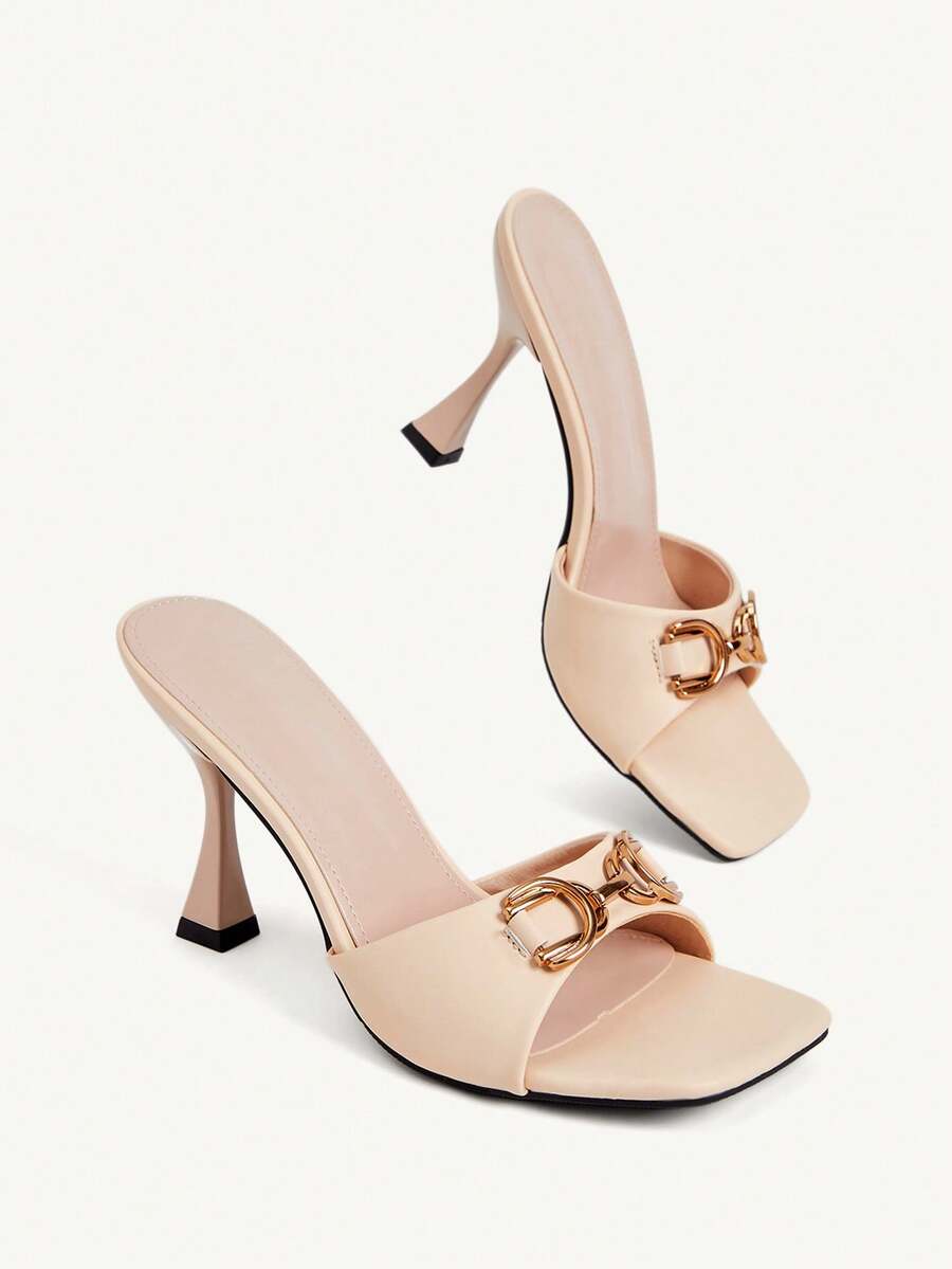 Women's open square toe slender high heel sandals with slingback strap and metal buckle detailing.