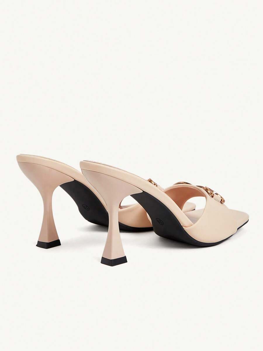 Women's open square toe slender high heel sandals with slingback strap and metal buckle detailing.