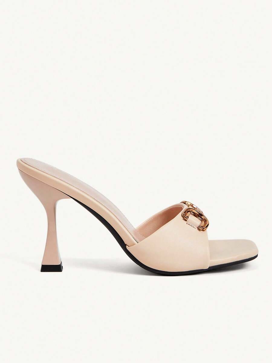 Women's open square toe slender high heel sandals with slingback strap and metal buckle detailing.