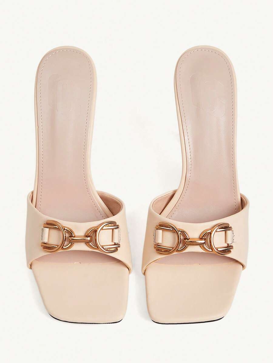 Women's open square toe slender high heel sandals with slingback strap and metal buckle detailing.
