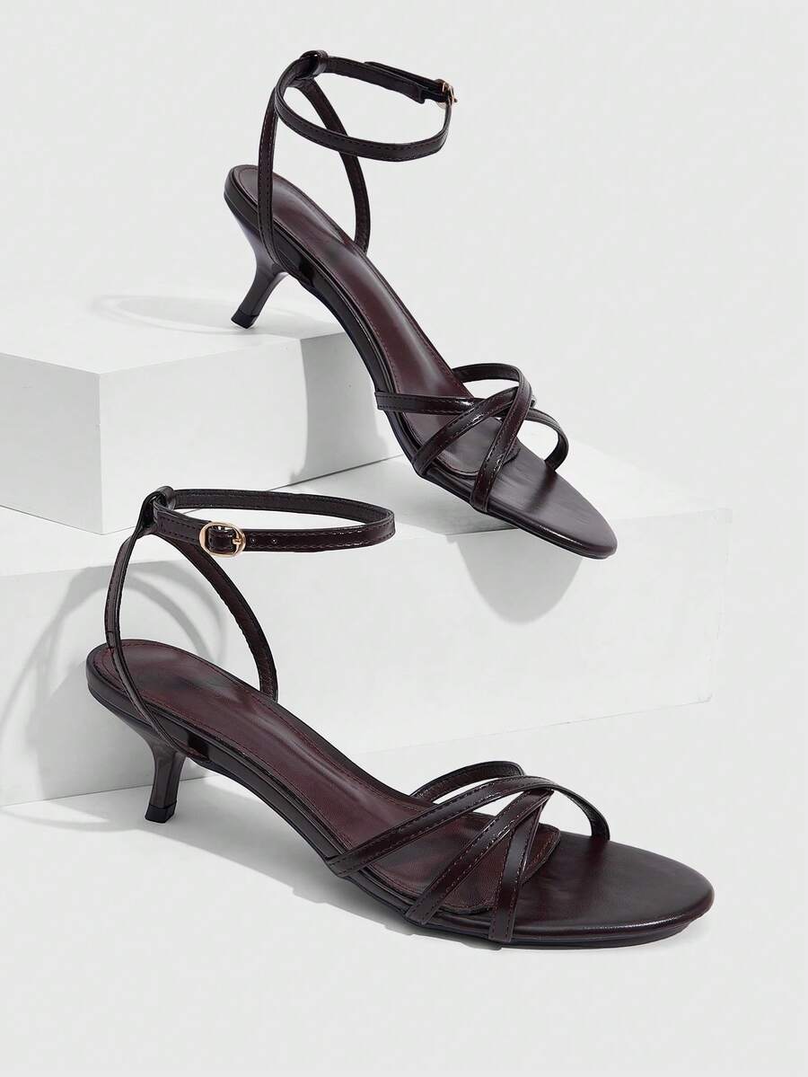 Women's pointed toe kitten heel shoes with adjustable ankle strap buckle closure