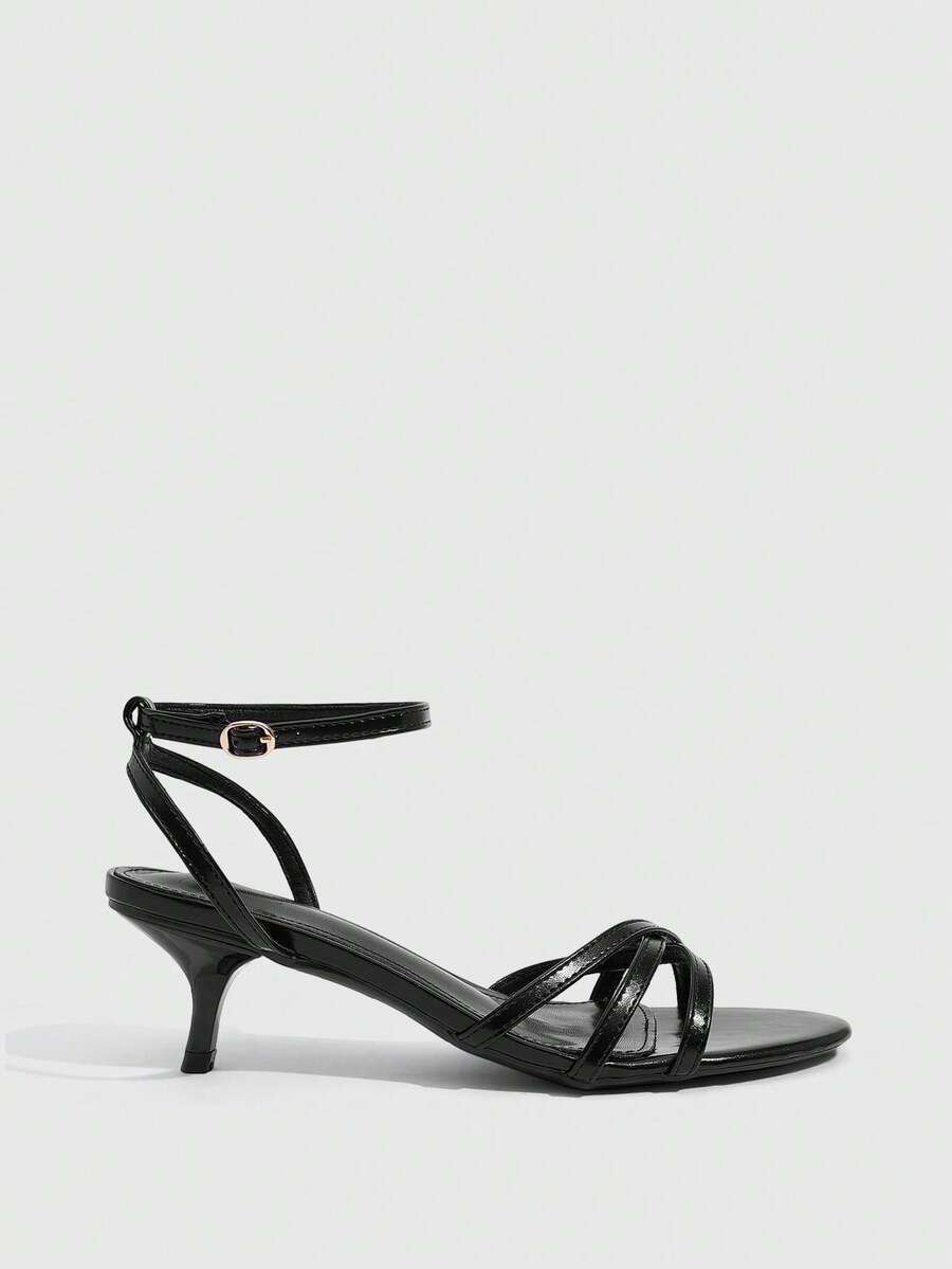 Women's pointed toe kitten heel shoes with adjustable ankle strap buckle closure