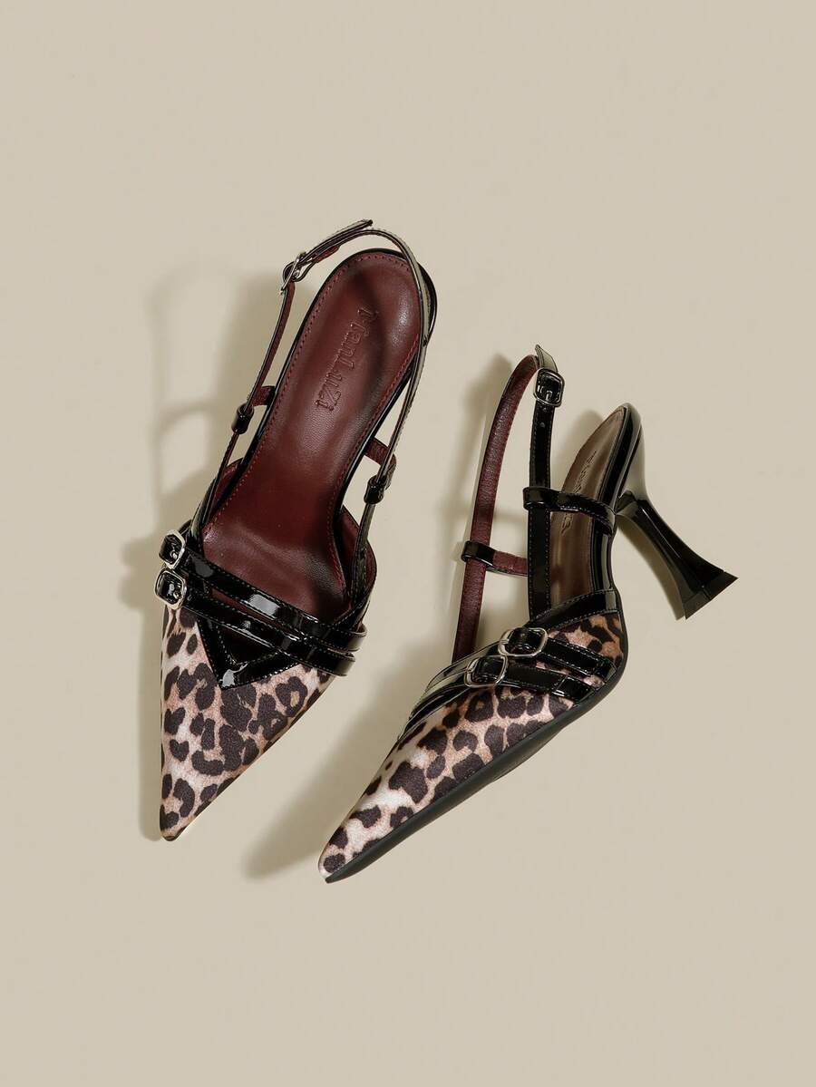 Women's coffee brown patent leather slingback pumps with pointed closed toe and sculpted wine glass high heel.