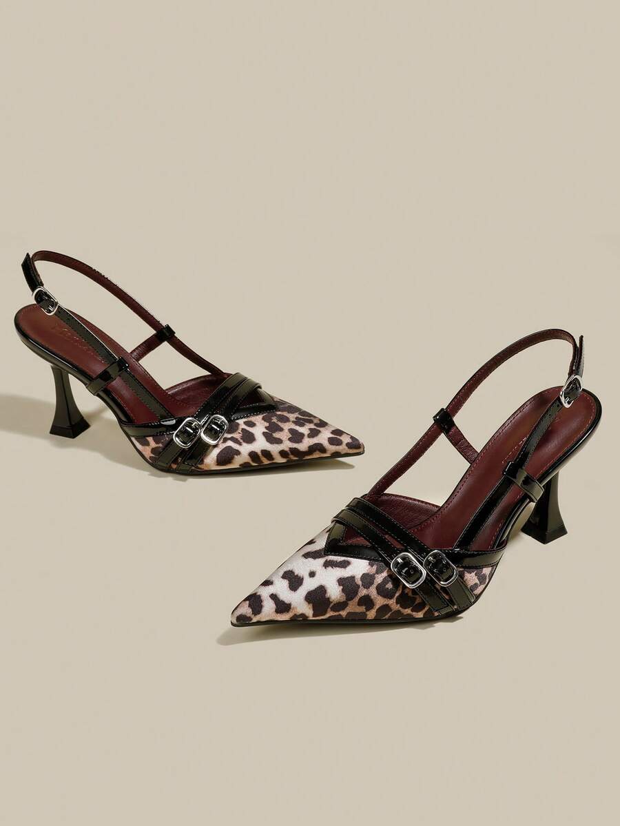 Women's coffee brown patent leather slingback pumps with pointed closed toe and sculpted wine glass high heel.