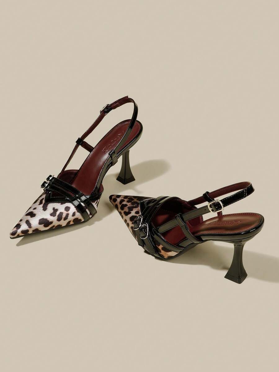 Women's coffee brown patent leather slingback pumps with pointed closed toe and sculpted wine glass high heel.