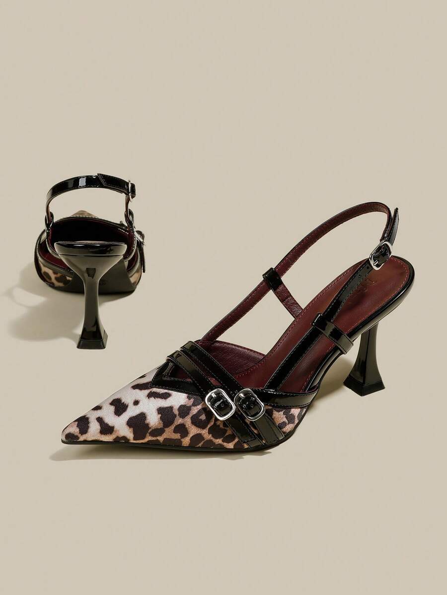 Women's coffee brown patent leather slingback pumps with pointed closed toe and sculpted wine glass high heel.
