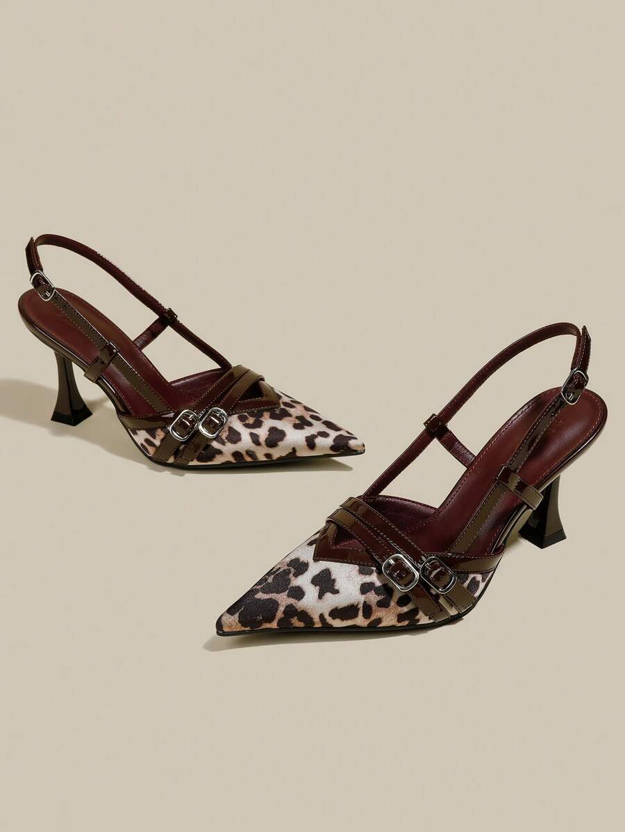 Women's coffee brown patent leather slingback pumps with pointed closed toe and sculpted wine glass high heel.