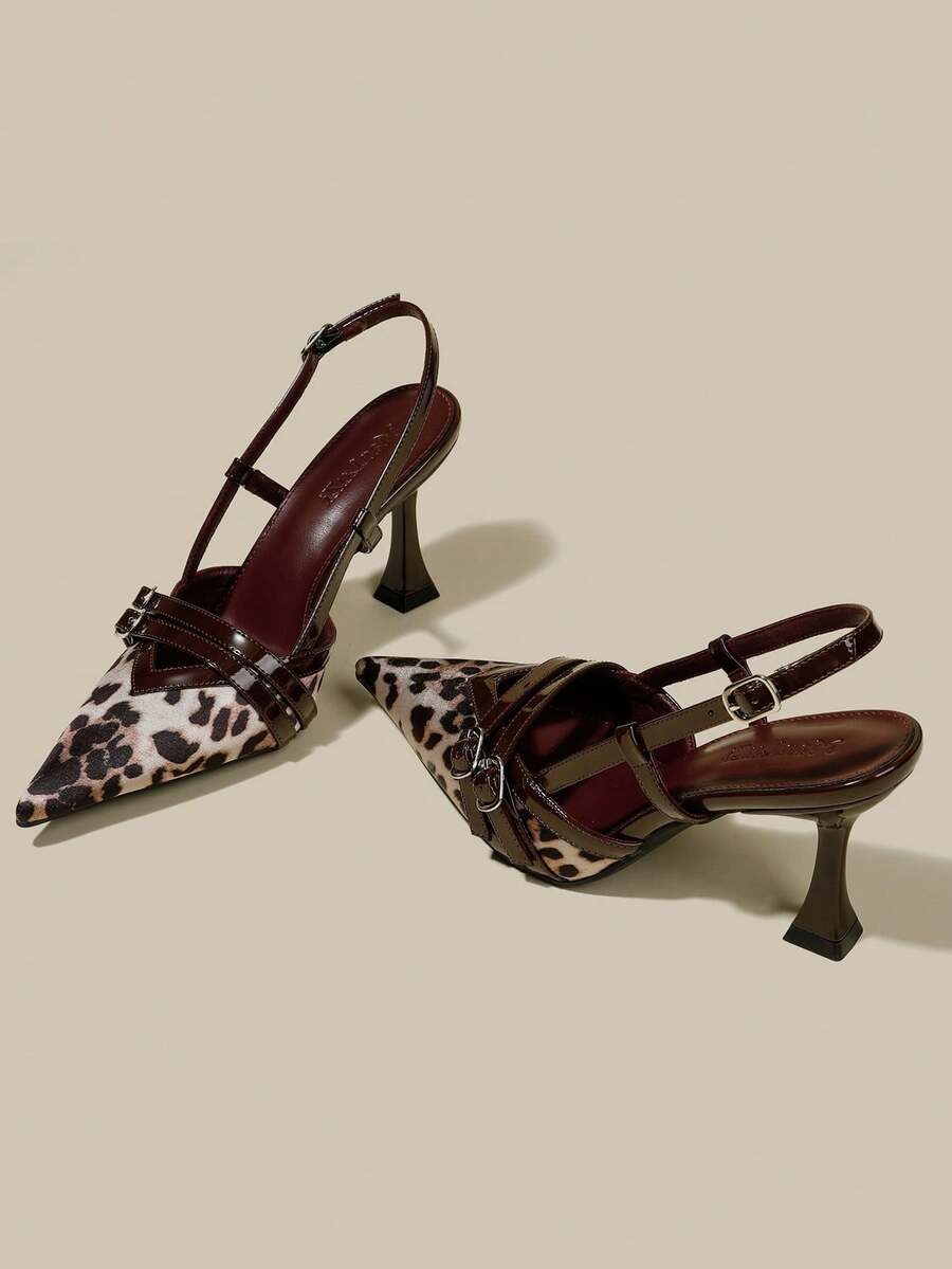 Women's coffee brown patent leather slingback pumps with pointed closed toe and sculpted wine glass high heel.