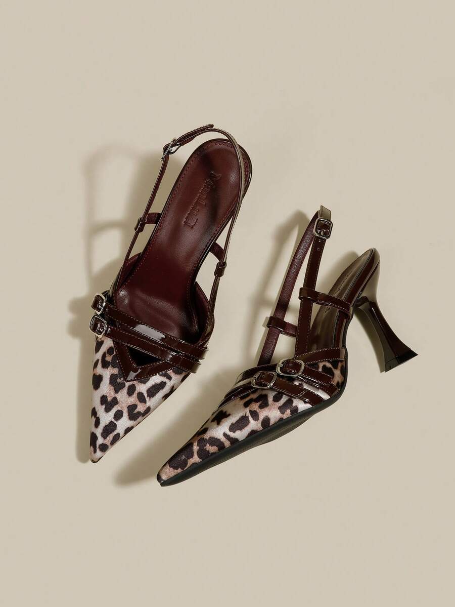 Women's coffee brown patent leather slingback pumps with pointed closed toe and sculpted wine glass high heel.