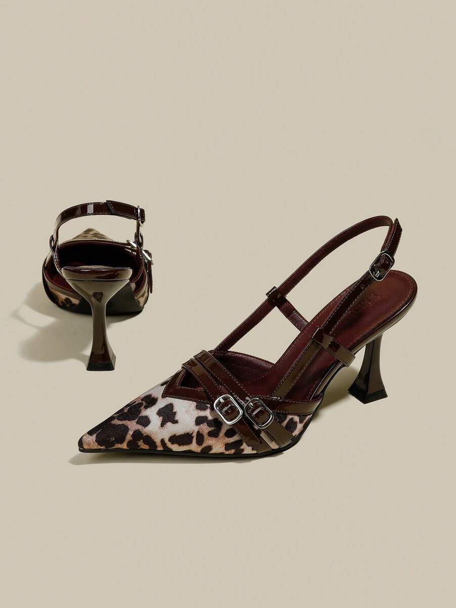 Women's coffee brown patent leather slingback pumps with pointed closed toe and sculpted wine glass high heel.