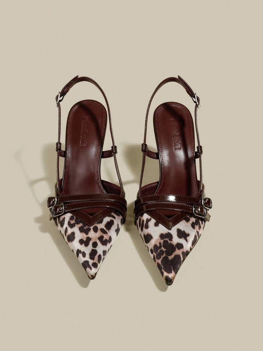 Women's coffee brown patent leather slingback pumps with pointed closed toe and sculpted wine glass high heel.