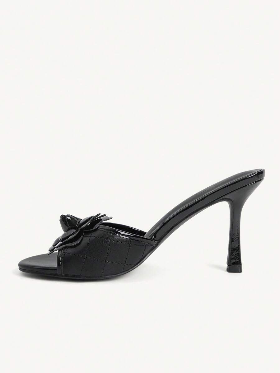 Women's golden snake pattern pointed toe thin heel strap sandals with three-dimensional camellia accent