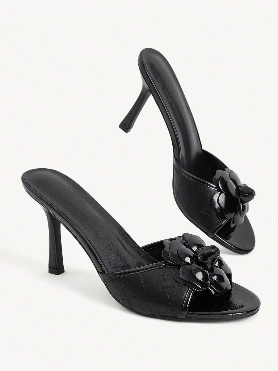 Women's golden snake pattern pointed toe thin heel strap sandals with three-dimensional camellia accent