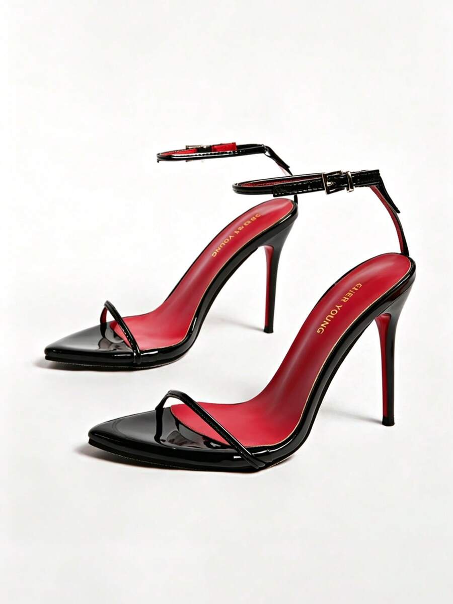 Women's high stiletto heel strap sandals featuring a sleek 12cm thin metal heel and PU leather buckle straps.