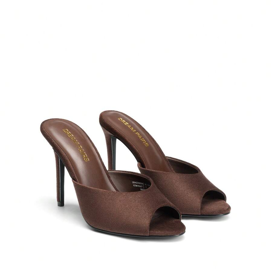 Women's peep toe stiletto mule sandals in white featuring a sleek high heel and slip-on design for party and wedding wear.