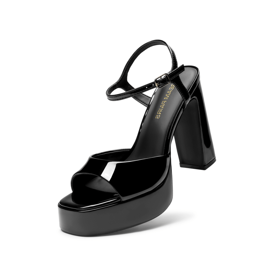 Women's open toe chunky high heel sandals featuring a platform sole, buckle ankle strap, and plain PU leather finish.