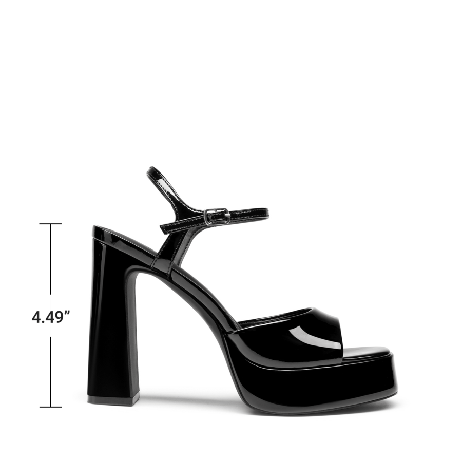 Women's open toe chunky high heel sandals featuring a platform sole, buckle ankle strap, and plain PU leather finish.