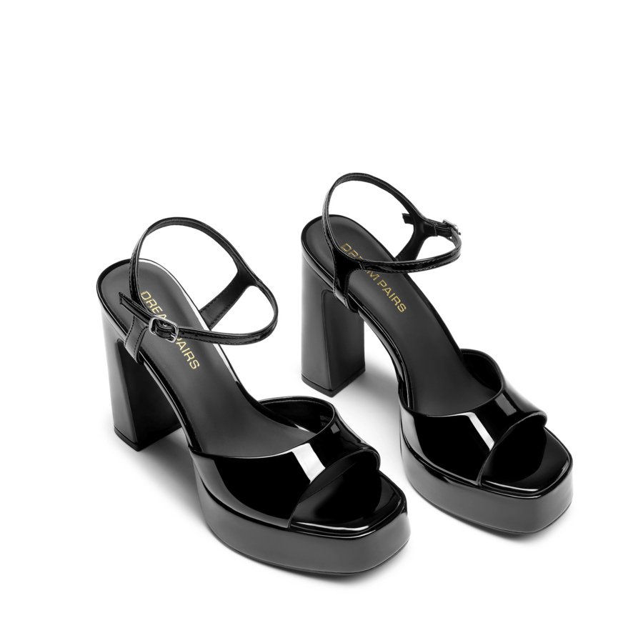 Women's open toe chunky high heel sandals featuring a platform sole, buckle ankle strap, and plain PU leather finish.