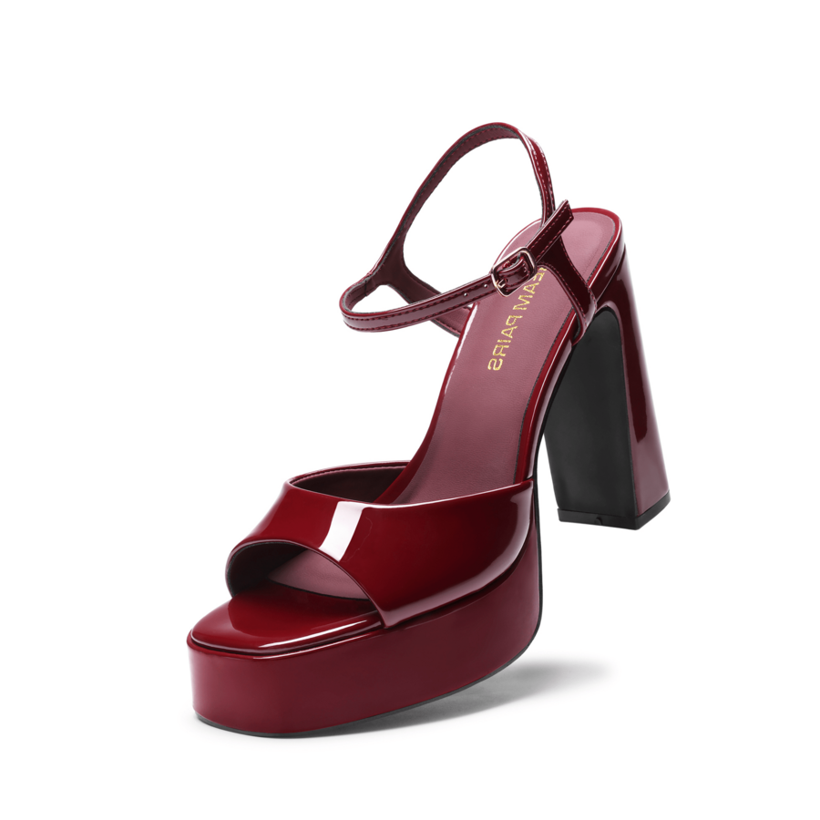 Women's open toe chunky high heel sandals featuring a platform sole, buckle ankle strap, and plain PU leather finish.