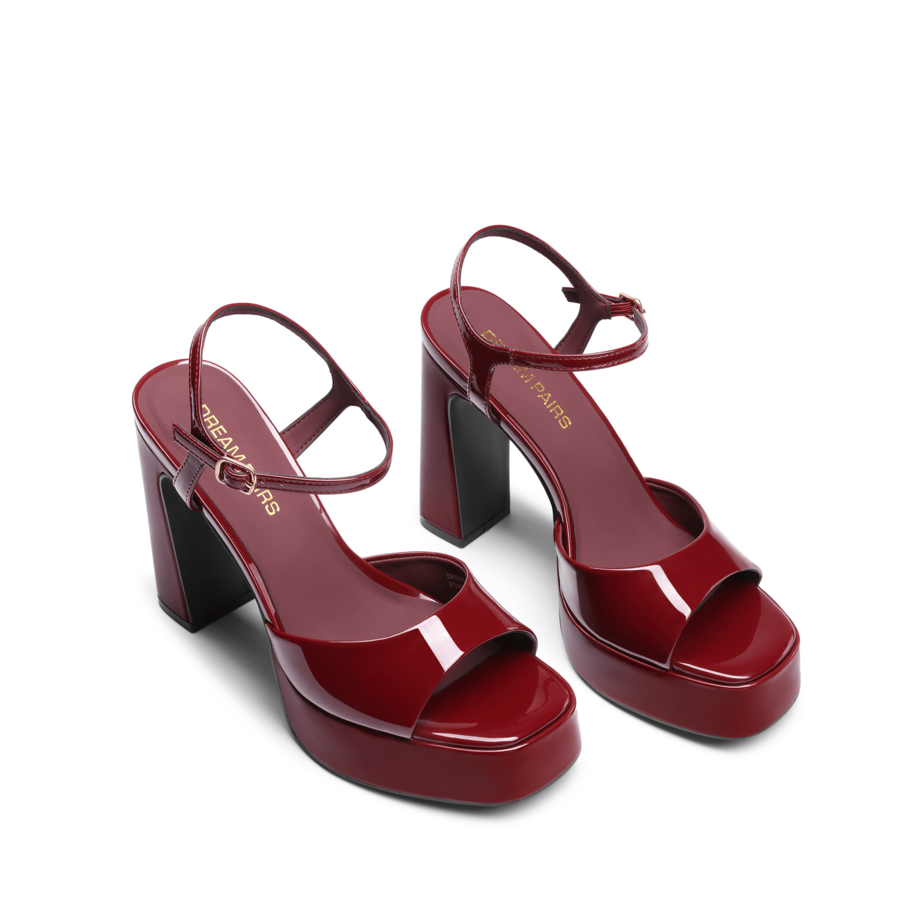 Women's open toe chunky high heel sandals featuring a platform sole, buckle ankle strap, and plain PU leather finish.