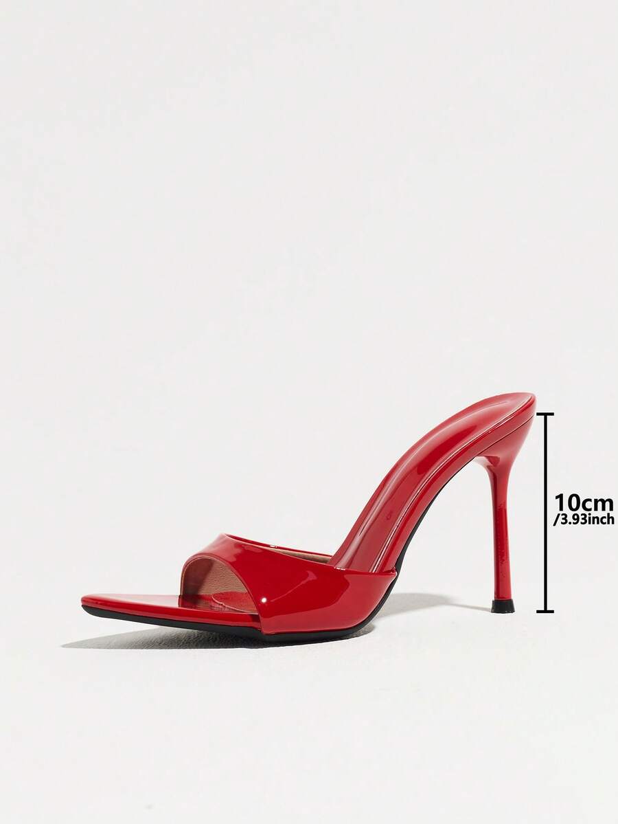 Women's coffee brown high heel mule shoes featuring a glossy mirror finish, open toe design, and sleek stiletto heel.
