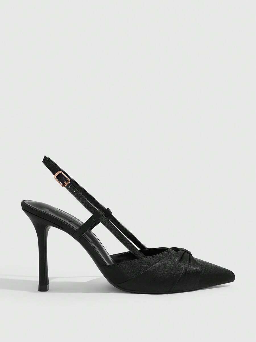 Women's pointed toe high heel slingback shoes featuring a stylish front twist detail, stiletto heel, and adjustable ankle buckle strap.