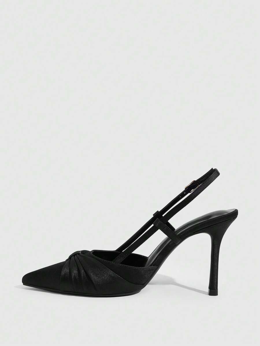 Women's pointed toe high heel slingback shoes featuring a stylish front twist detail, stiletto heel, and adjustable ankle buckle strap.