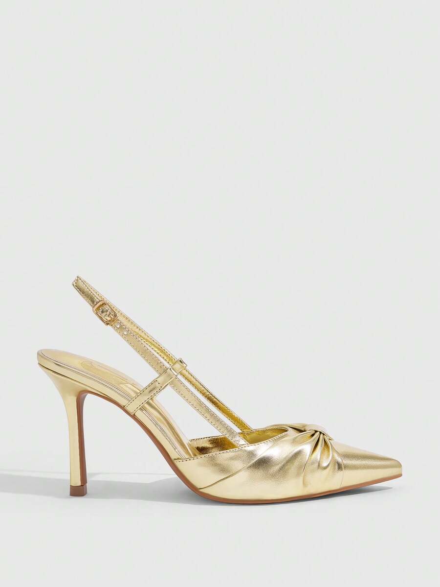 Women's pointed toe high heel slingback shoes featuring a stylish front twist detail, stiletto heel, and adjustable ankle buckle strap.