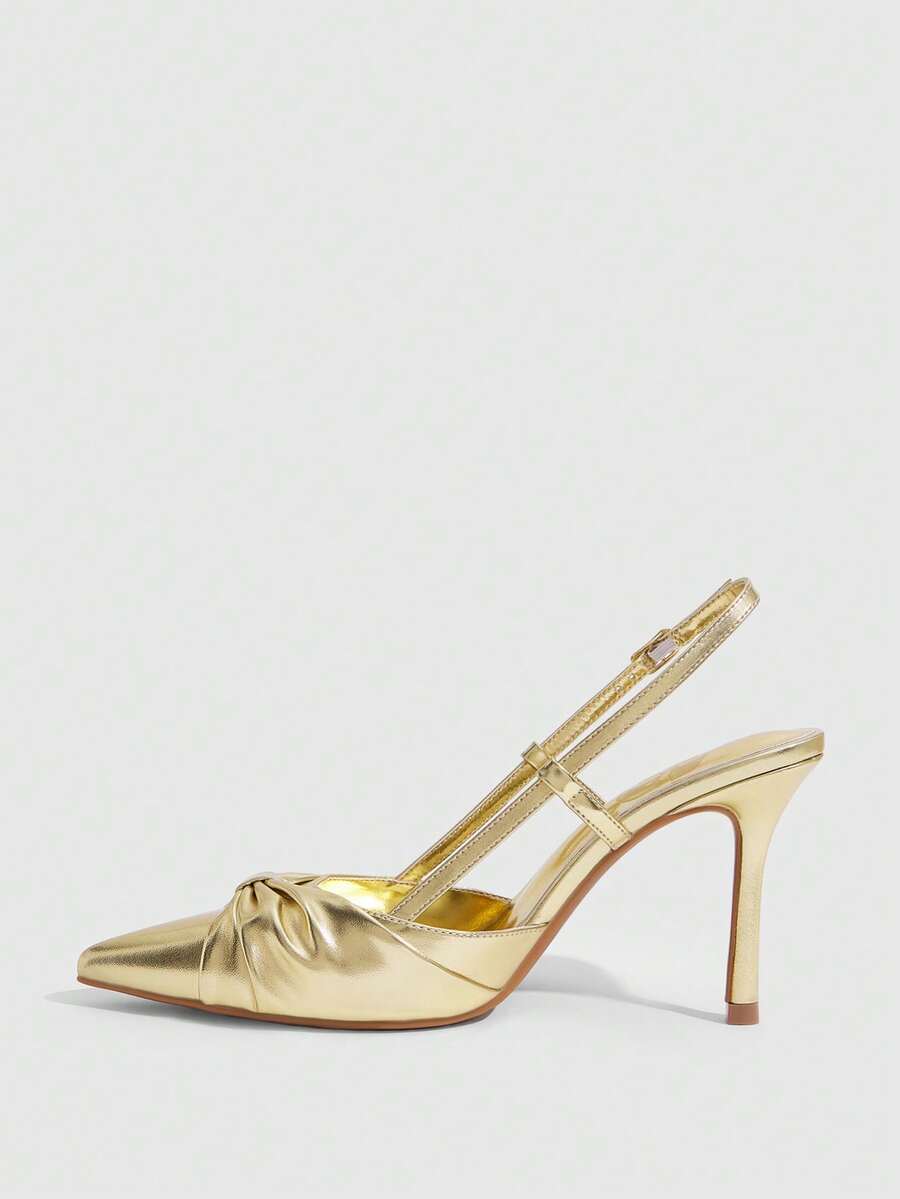 Women's pointed toe high heel slingback shoes featuring a stylish front twist detail, stiletto heel, and adjustable ankle buckle strap.