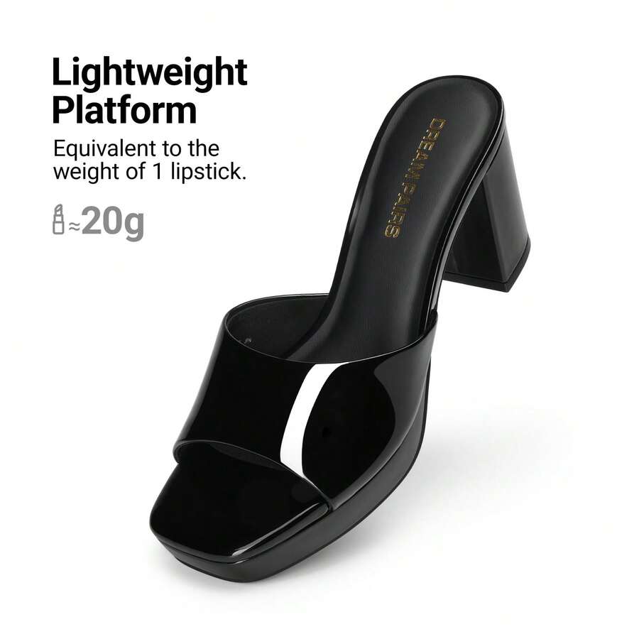 Women's minimalist open toe mule sandals featuring a chunky low heel, wide single strap, and slip-on design.