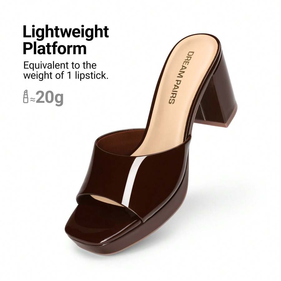 Women's minimalist open toe mule sandals featuring a chunky low heel, wide single strap, and slip-on design.