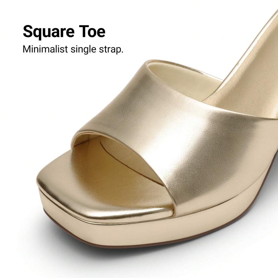 Women's minimalist open toe mule sandals featuring a chunky low heel, wide single strap, and slip-on design.