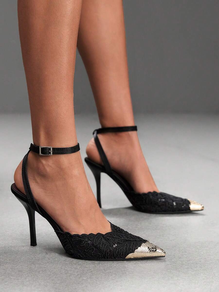 Women's stiletto high heel shoes featuring an elegant buckle detail and ankle strap slingback design.